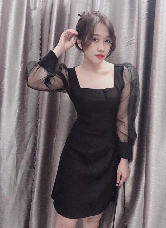 Đầm Váy Cổ Vuông Tay Phối Lưới, Kiểu Dáng Nữ Tính Dễ Thương Trẻ Trung, Thời Trang