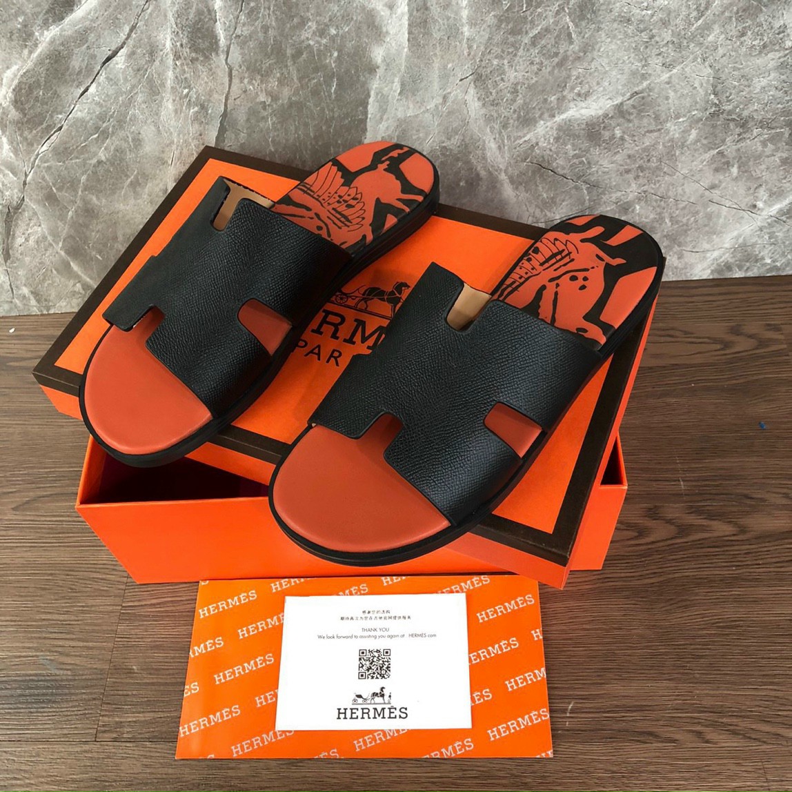 Dép nam hermes đen bản đế loang, cam và đen chất da bò bảo hành 12 tháng, có box hộp và bill