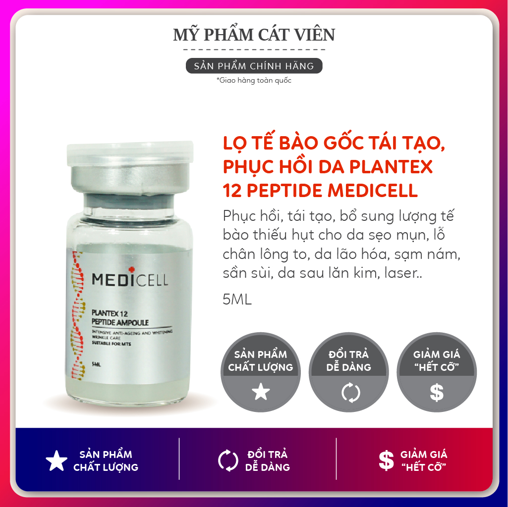 Tế bào gốc trẻ hóa trắng da Medicell, tái tạo da sẹo rỗ, cải thiện thâm sạm nám tàn nhang, xóa nhăn chống lão hóa, se khít lỗ chân lông - Plantex 12 Peptide (lọ 5ml)