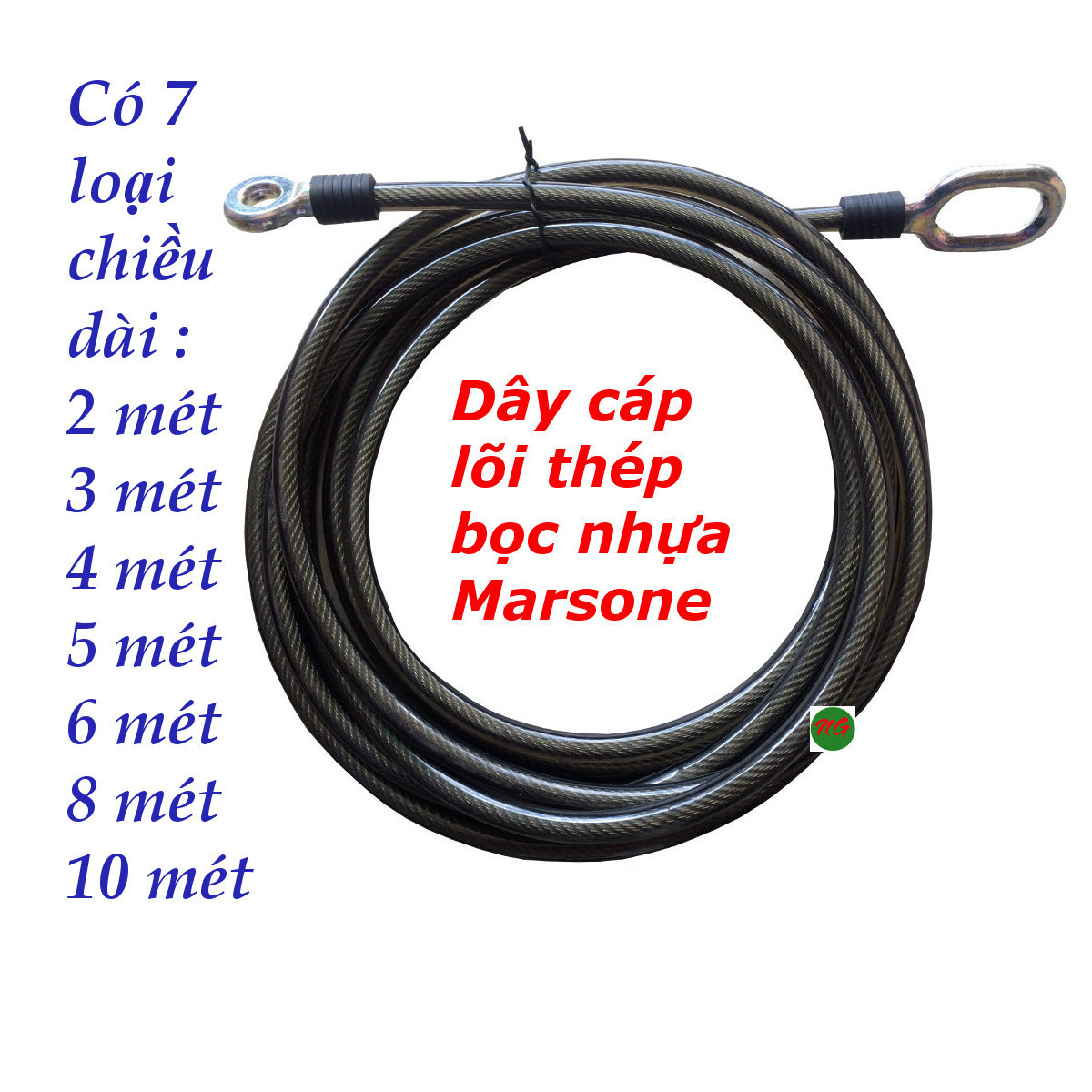 Dây cáp thép bọc nhựa khóa xe dài 2 - 3 - 4 - 5 - 6 - 8 - 10 mét marsone