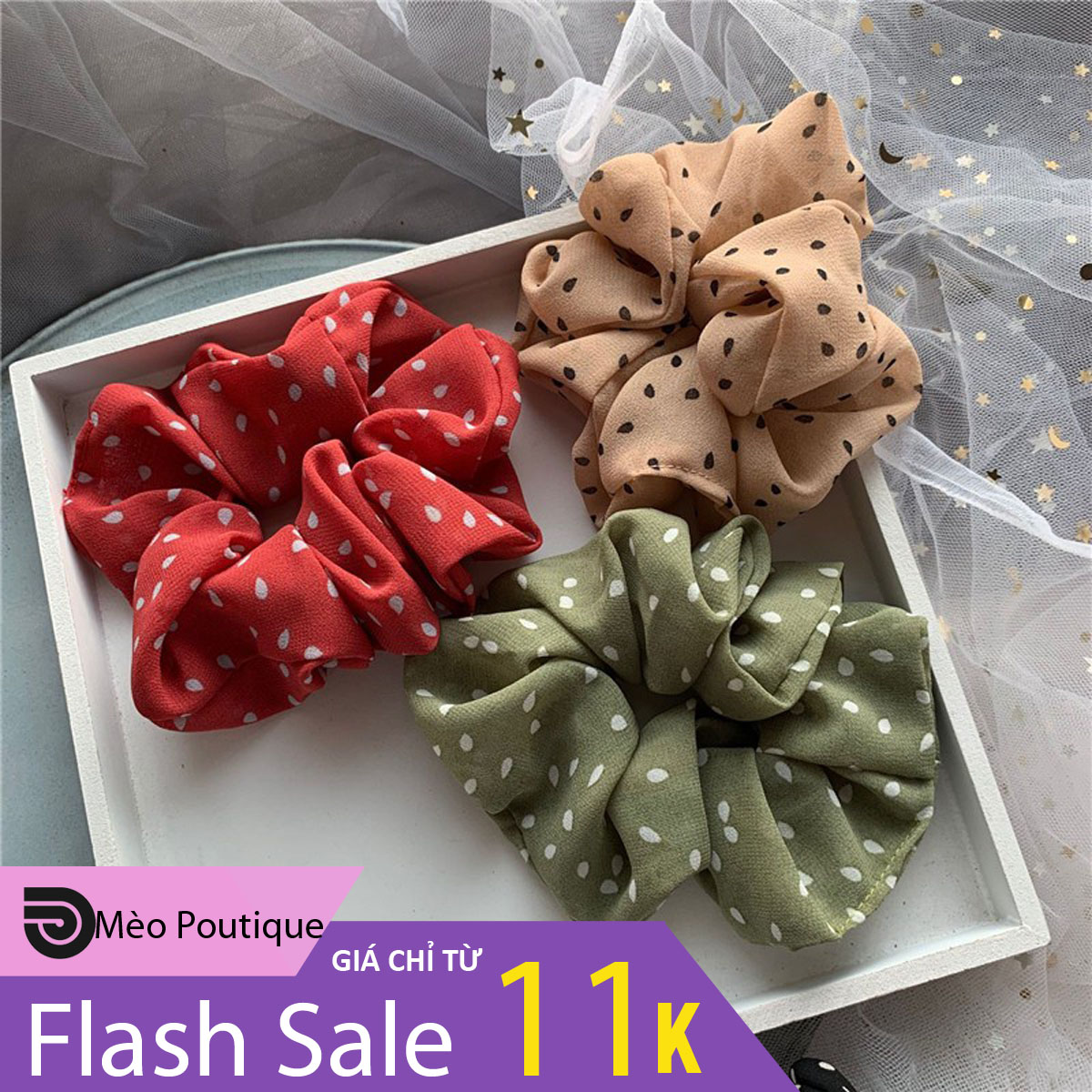 Combo Buộc tóc Scrunchies - Thun buộc tóc Scrunchies vòng trơn chấm bi - màu sắc sinh động nhiều màu phong cách học sinh