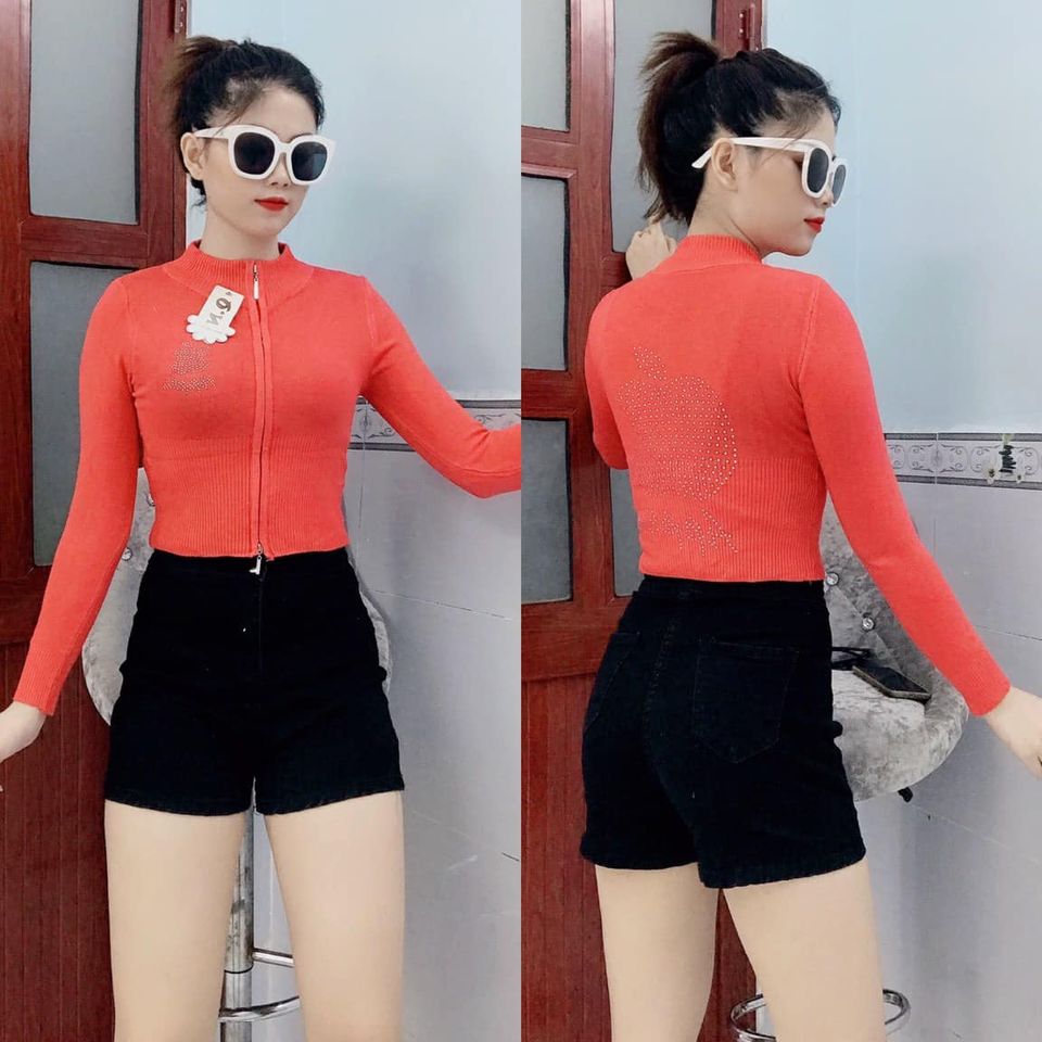 Áo khoác len croptop dây kéo đôi đính hạt sau lưng