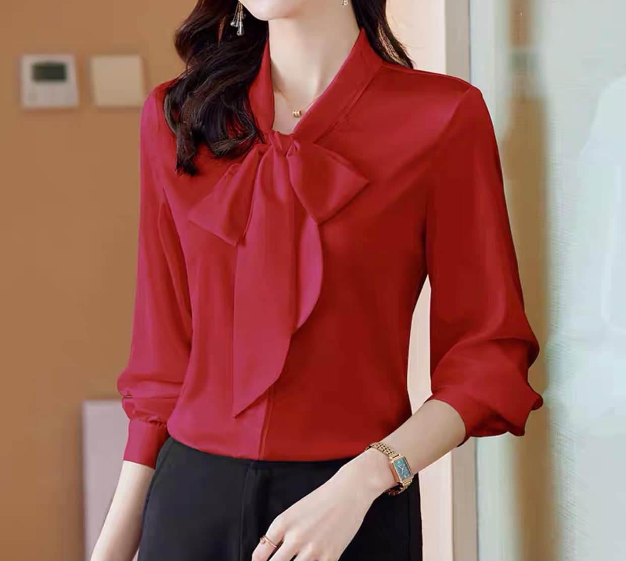 Áo sơ mi trung niên nữ ht store,áo sơ mi nữ đẹp tay dài cổ thắt nơ chất lụa trẻ trung thanh lịch