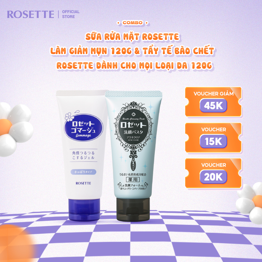 Combo Tẩy Tế Bào Chết Dành Cho Mọi Loại Da Rosette Gommage 120g Và Sữa Rửa Mặt Giảm Mụn Rosette Acne Clear 120g