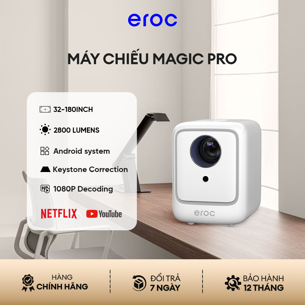 Máy chiếu mini Eroc MAGIC PRO máy chiếu xem phim Giải mã Full HD 2800 Lumens Android IOS Tương thích Netflix - Bảo hành 1năm