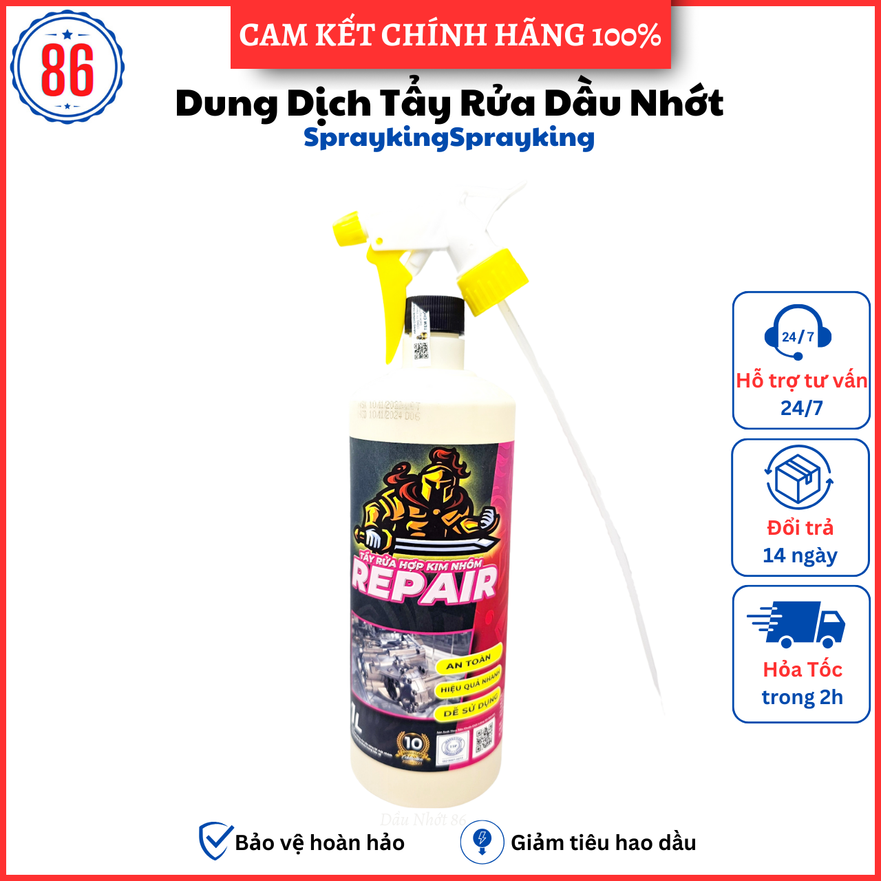 Dung dịch tẩy rửa lốc máy,hợp kim nhôm Sprayking Repair 1L tặng kèm vòi xịt.