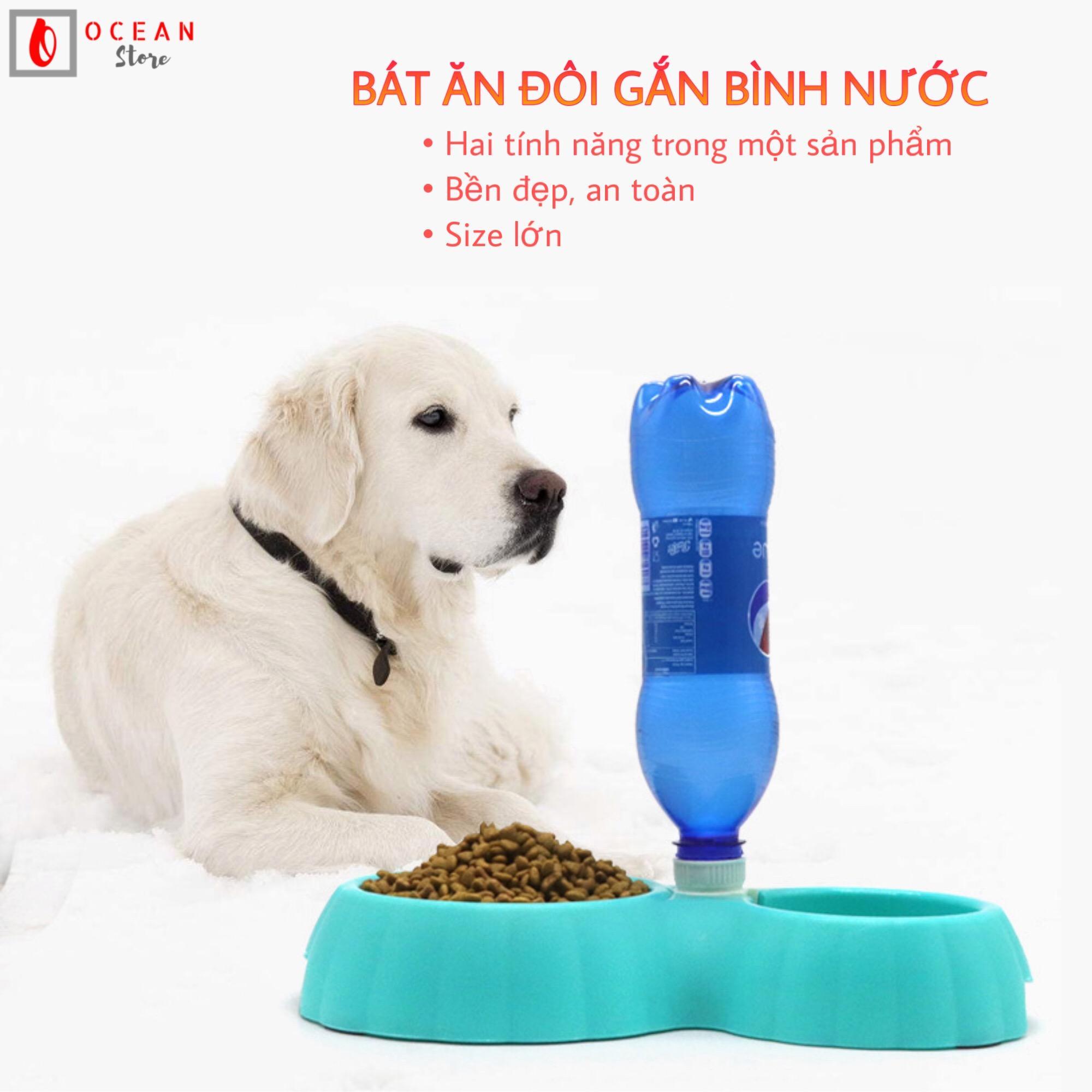 Bát ăn đôi có nút gắn bình nước - phụ kiện thú cưng b02