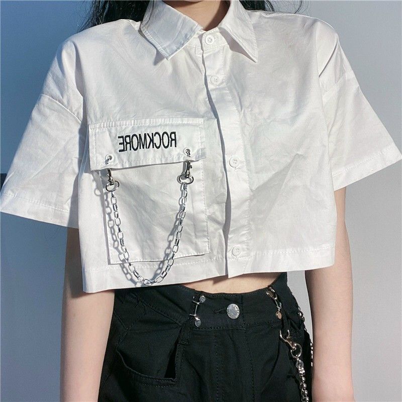 Áo sơ mi kiểu croptop phối dây xích - UT125