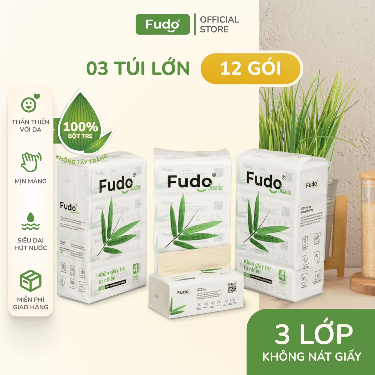 Khăn giấy rút Fudo Tissue 12 gói - 3 lớp từ tre siêu thấm, bền dai, không tẩy trắng (03 Túi lớn)