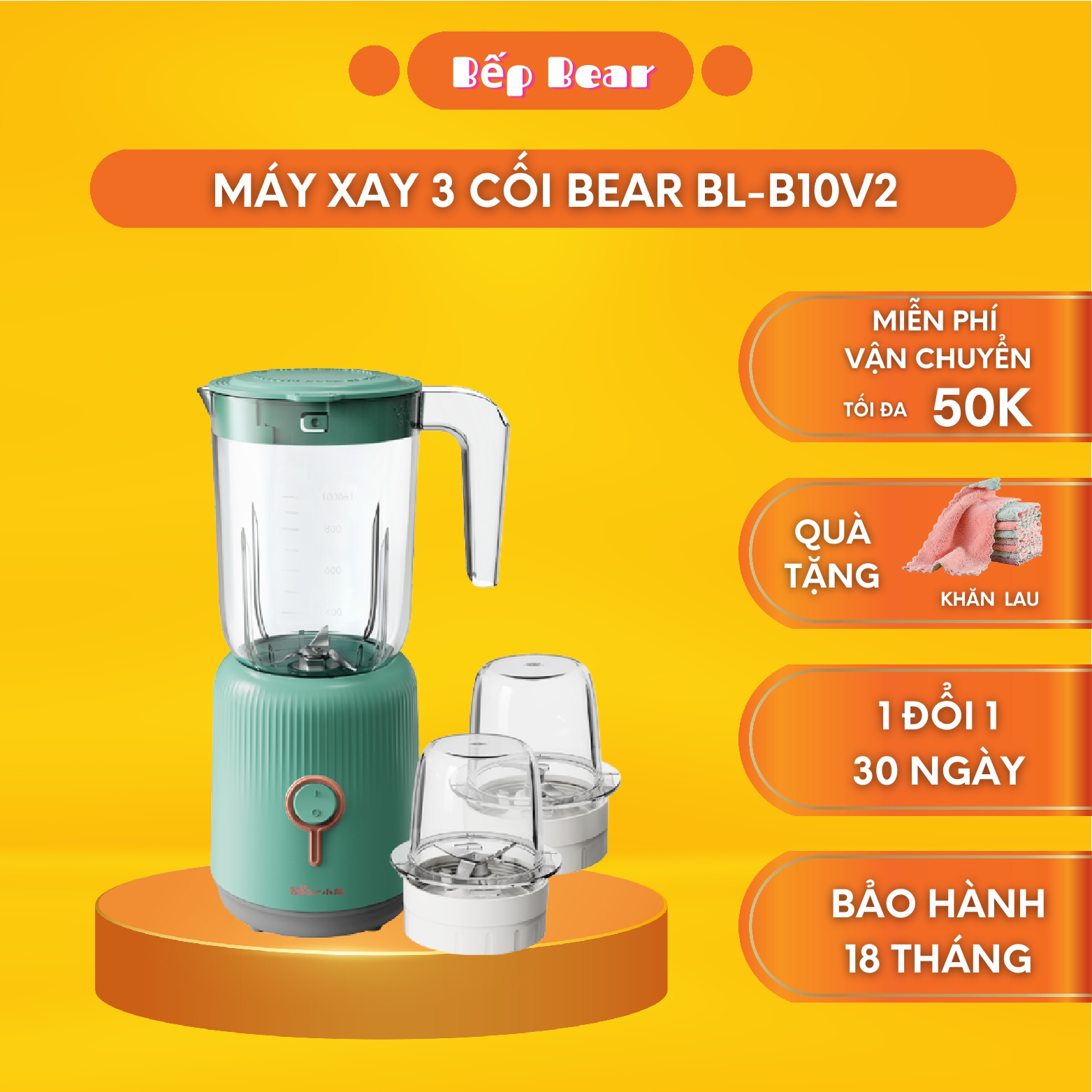 Máy Xay Sinh Tố 3 cối Đa Năng 3 in 1 Bear BL-B10V2 Xay Thực Phẩm, Nghiền Hạt Bản Quốc Tế Bảo Hành 18 Tháng