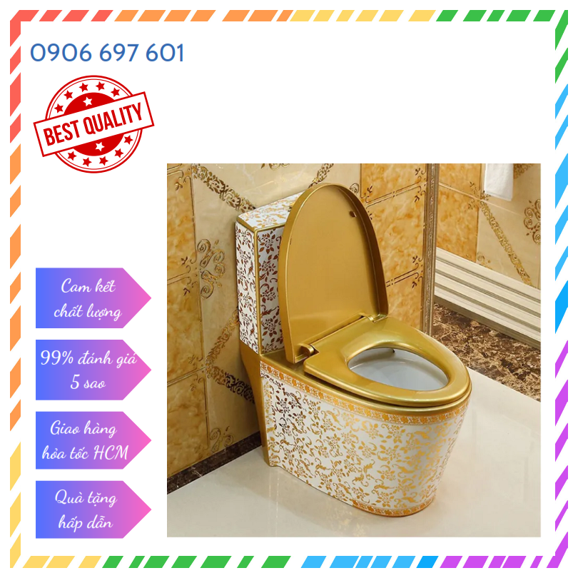 Bồn cầu liền khối, bồn cầu 1 khối, xả xoáy thoát mạnh bc002 - kiểu hoa văn mạ vàng hoàng gia - nắp đóng êm - men phủ nano cao cấp bảo hành 20 năm - chính hãng audi