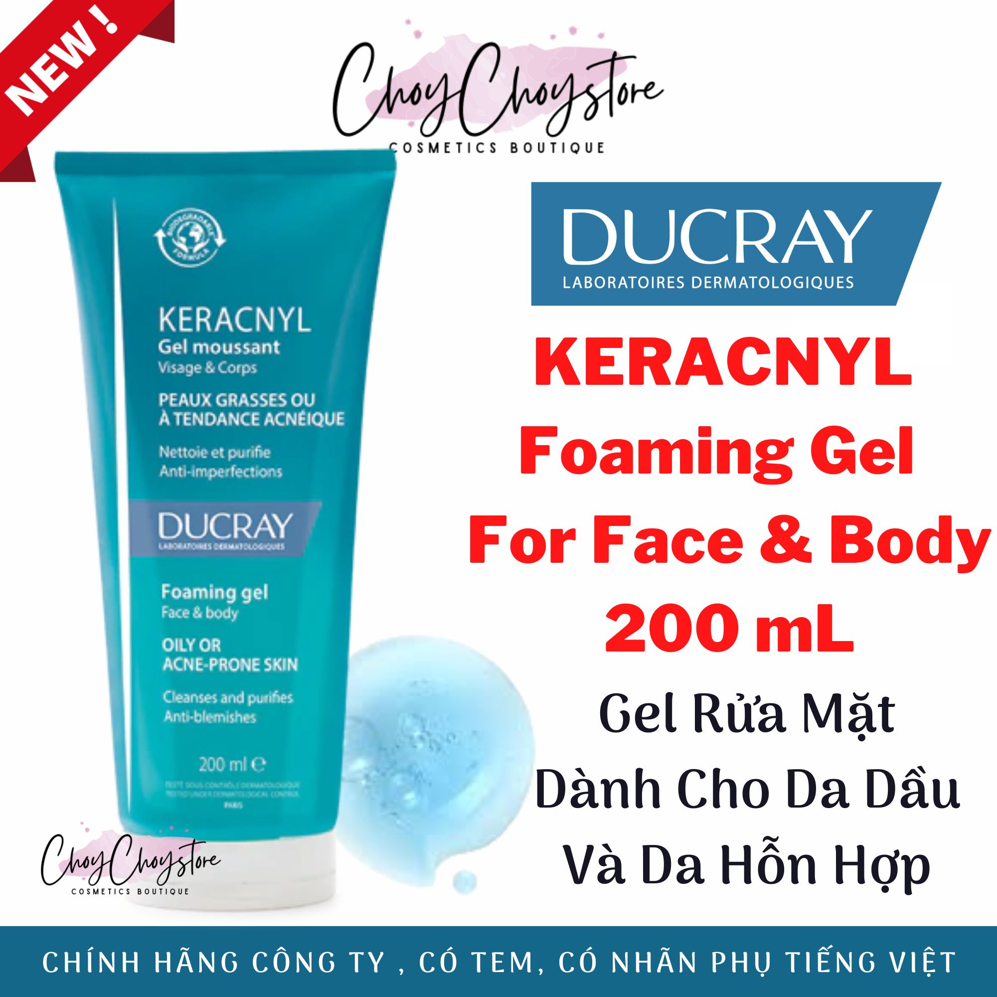 Sữa rửa mặt Ducray Keracnyl Gel Moussant 200 mL - giảm mụn giảm nhờn, sạch da