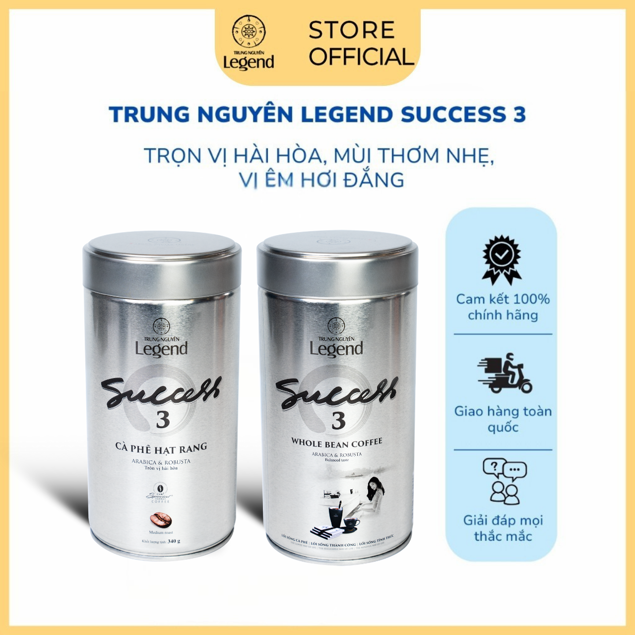 [COMBO 2 Lon] Trung Nguyên Legend Cà Phê Pha Máy Hạt Mộc Success 3 – Lon 340gr – Hương Vị Espresso Sáng Tạo, Vị Êm Hơi Đắng