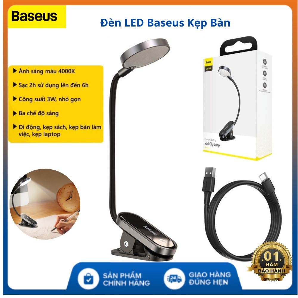 Đèn led kẹp bàn siêu sáng Baseus Comfort Reading Mini Clip Lamp đa năng không dây dùng đọc sách kẹp màn hình máy tính bảo vệ mắt sạc pin tiện lợi - bảo hành 12 tháng