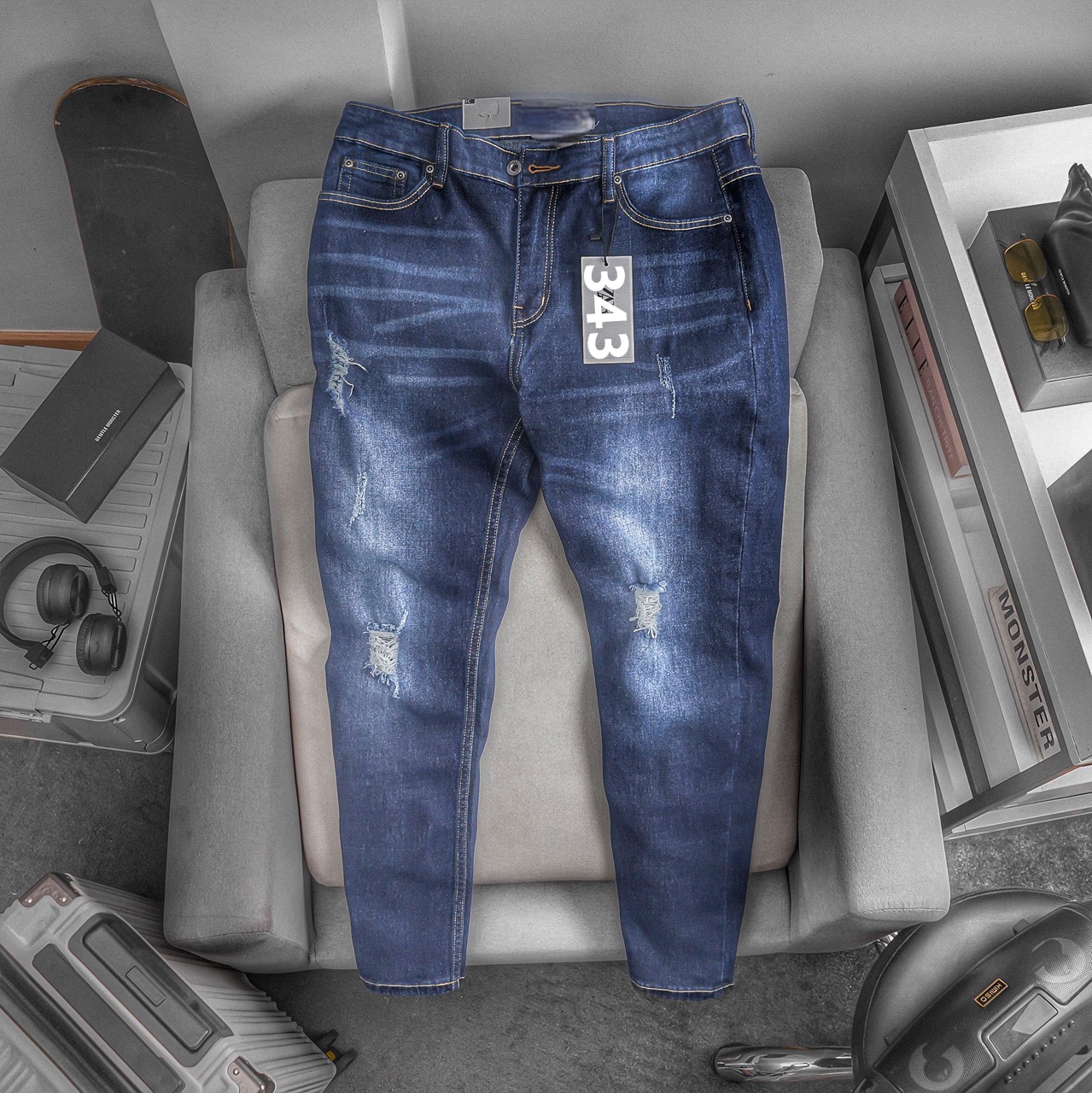 Bigsize - quần jean dài nam bigsize xanh jean rách sz 85kg - 130kg - mã 343