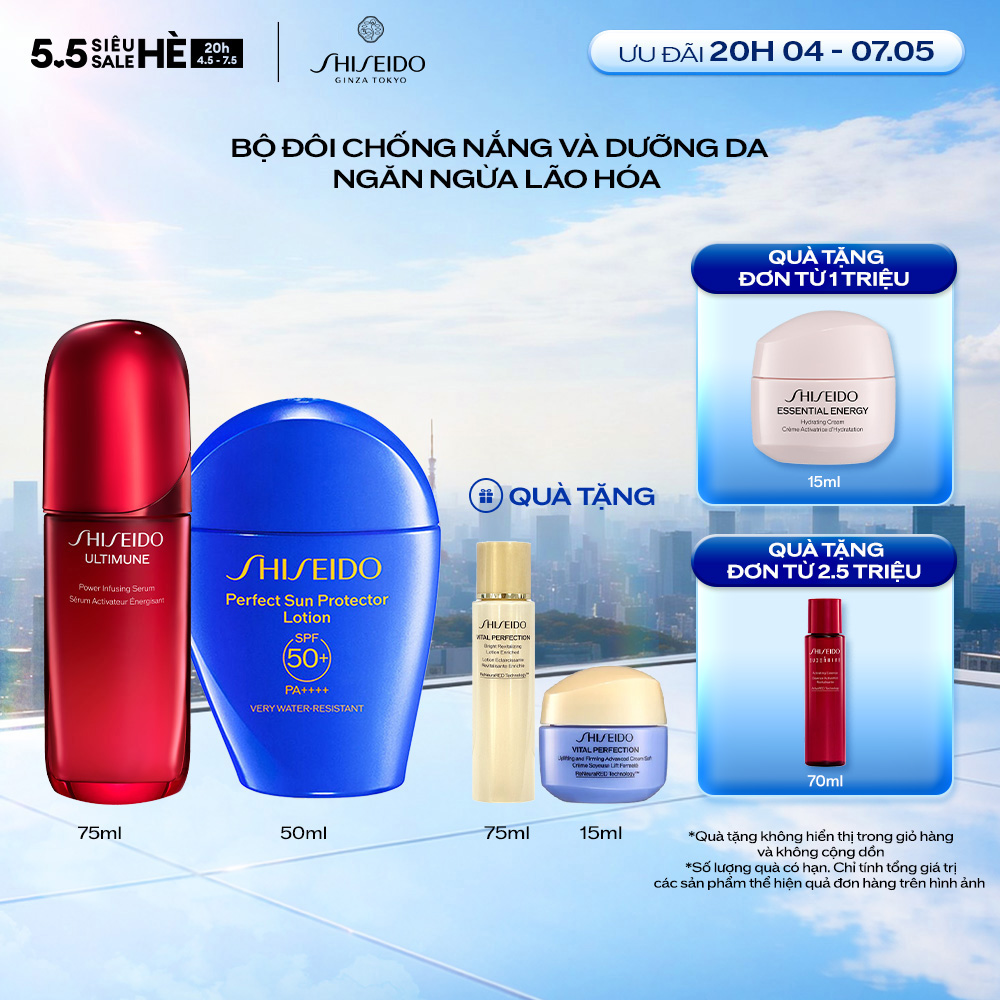 Combo Tinh chất dưỡng da Ultimune 4.0 Serum 75ml và Sữa chống nắng dưỡng da Shiseido GSC Perfect Sun Protector Lotion SPF50+ 50ml