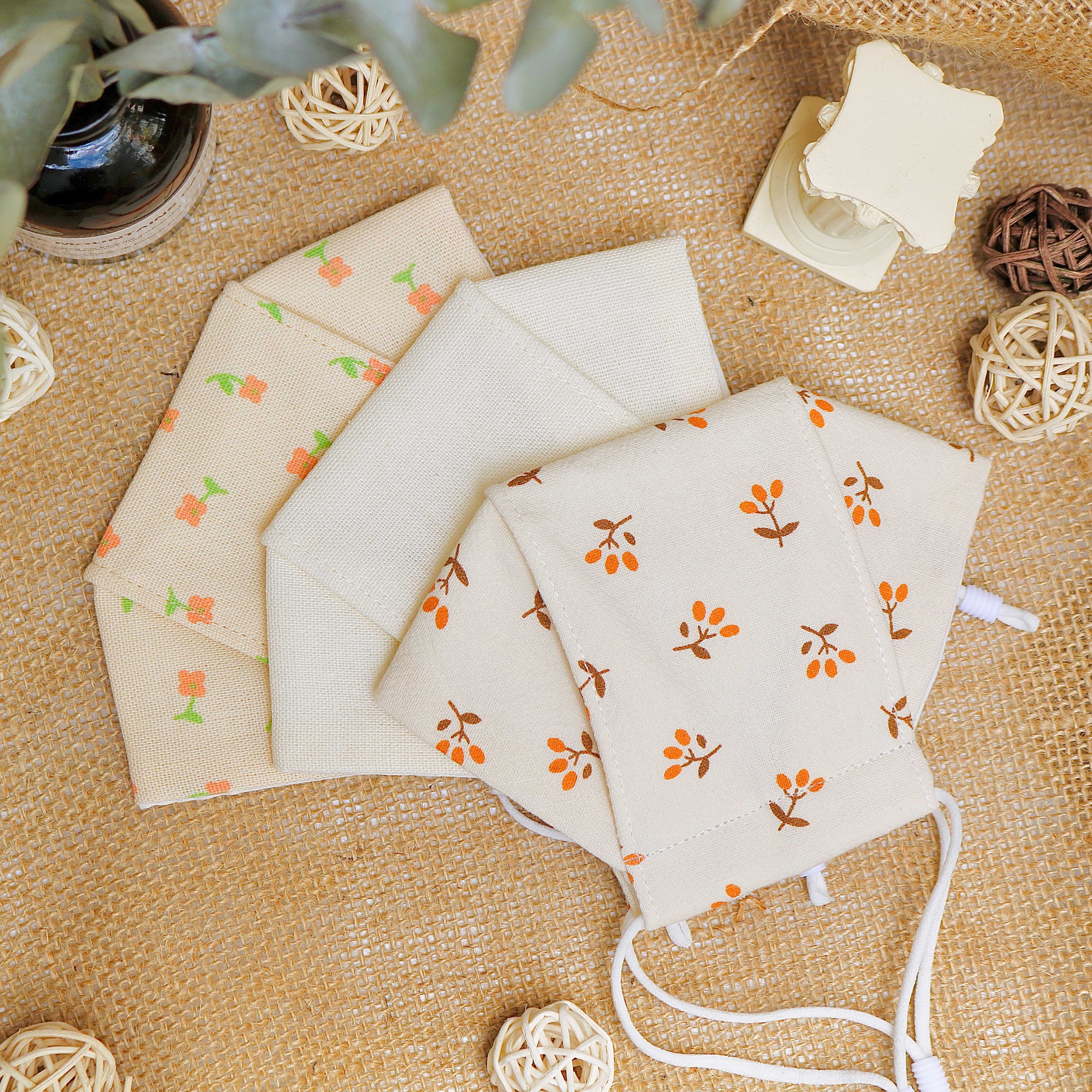 Combo 3 khẩu trang vải 3d kháng khuẩn linen cotton 3 lớp thô cara vàng hoa cam be kem