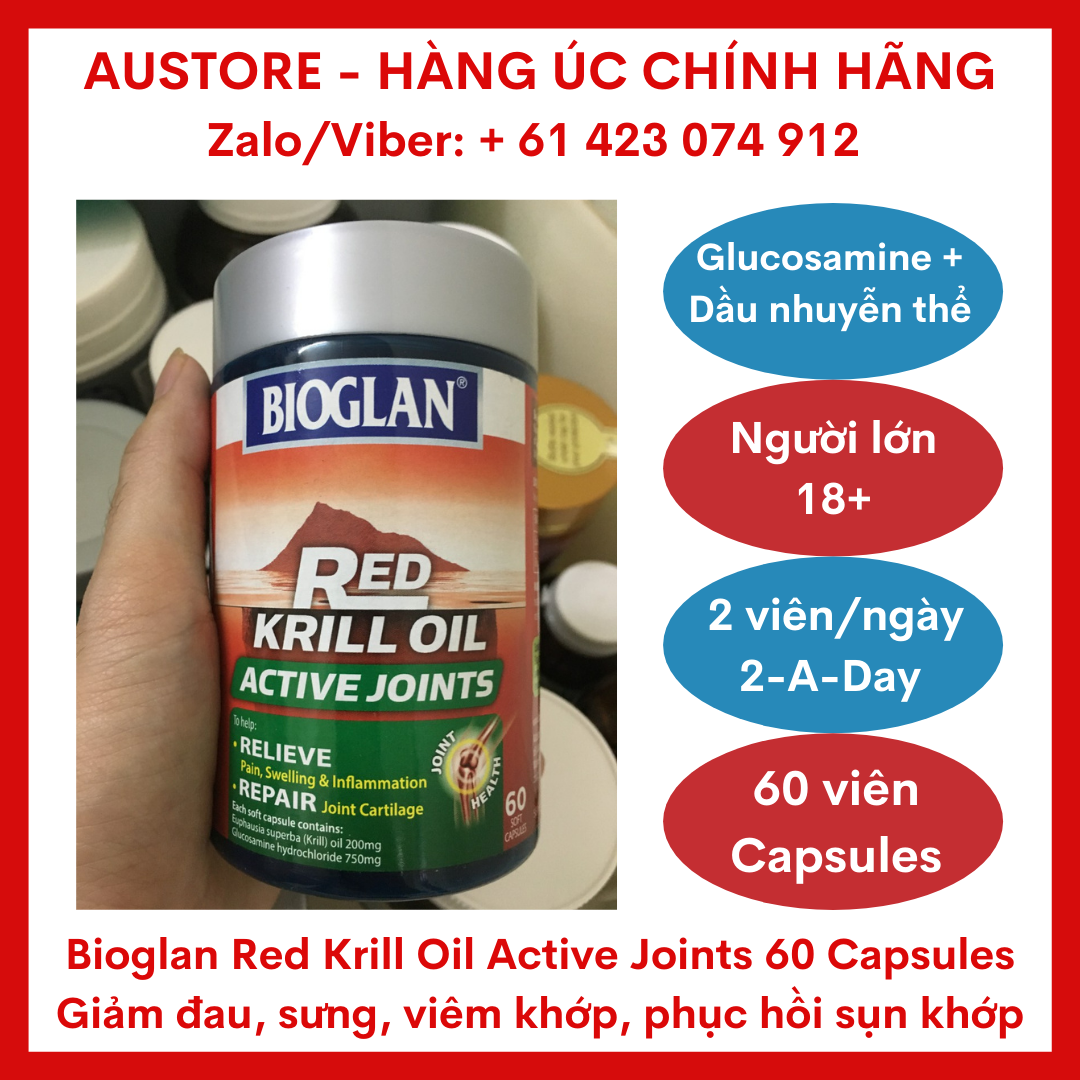 [Bill Úc] Bioglan Red Krill Oil Active Joints, Double Strength 10000mg 60 Soft Capsules - Viên dầu nhuyễn thể + glucosamin bổ khớp Bioglan Red Krill Oil giúp tái tạo sụn khớp, giảm đau nhức, sưng & viêm khớp nhẹ