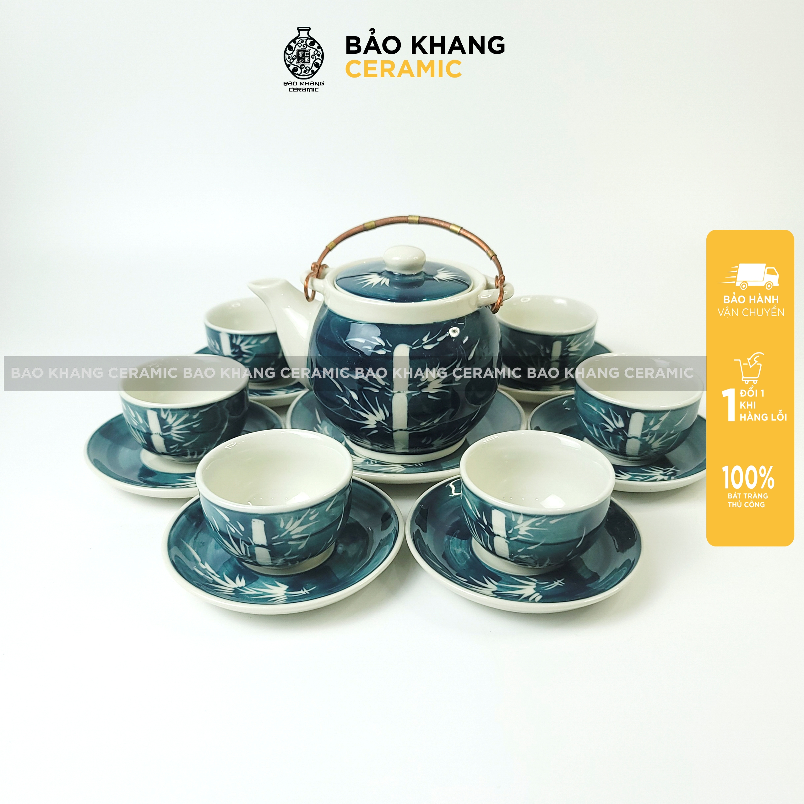 Bộ ấm trà trúc xanh quai đồng ấm chén sứ bát tràng vẽ tay thủ công