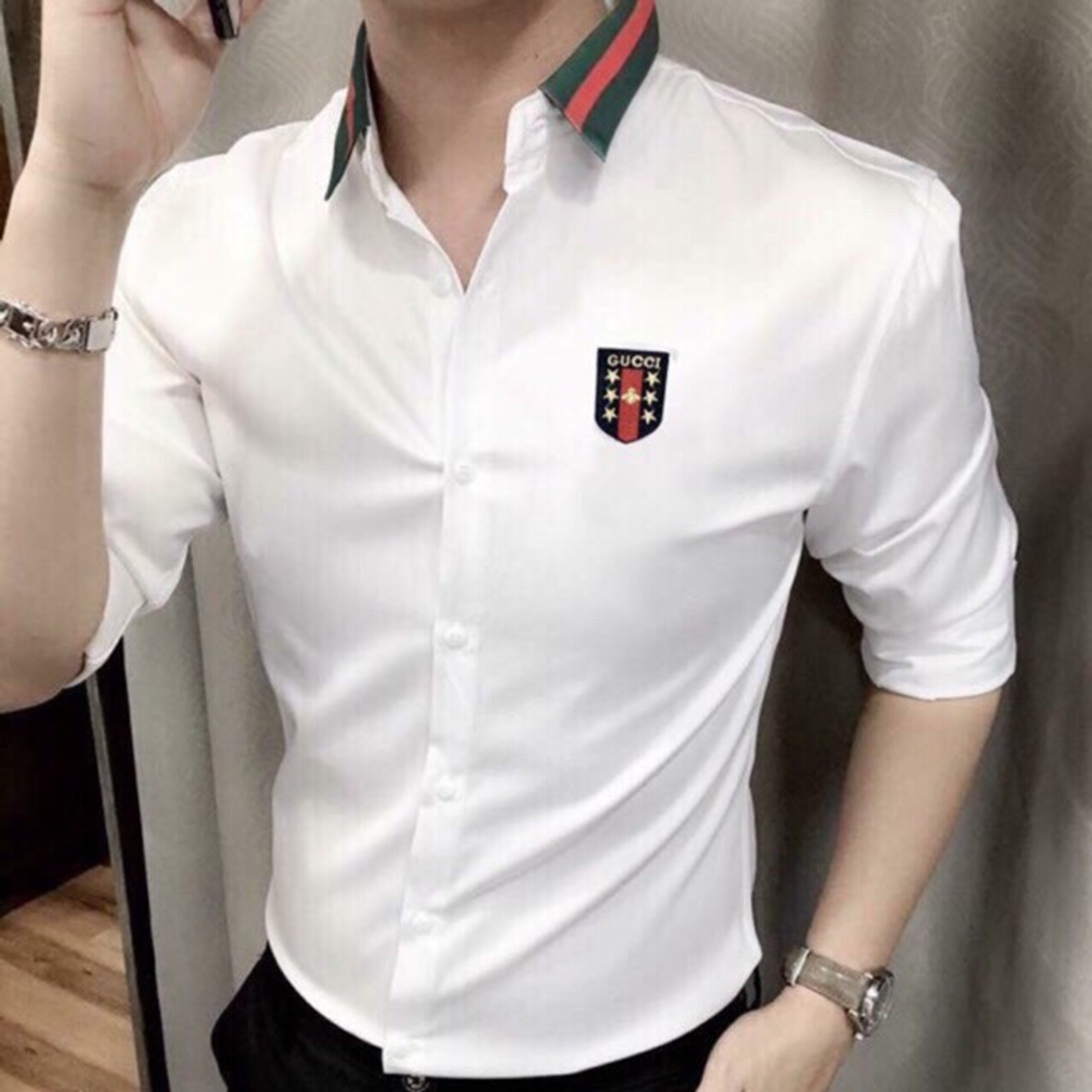 Áo sơ mi nam dài tay form body thêu logo thời trang cao cấp