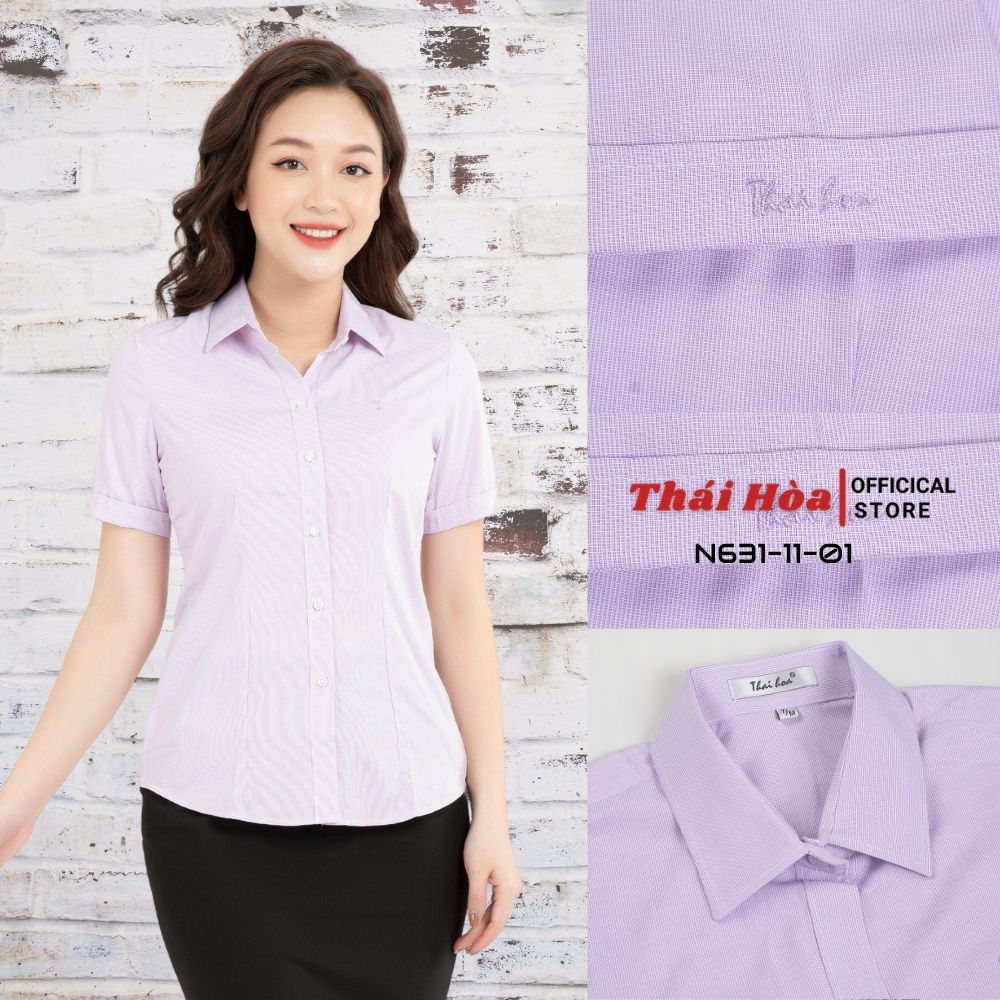 Áo sơ mi nữ ngắn tay Thái Hòa N631-11-01, màu tím nhạt, họa tiết kẻ sọc tăm,siêu thoáng mát