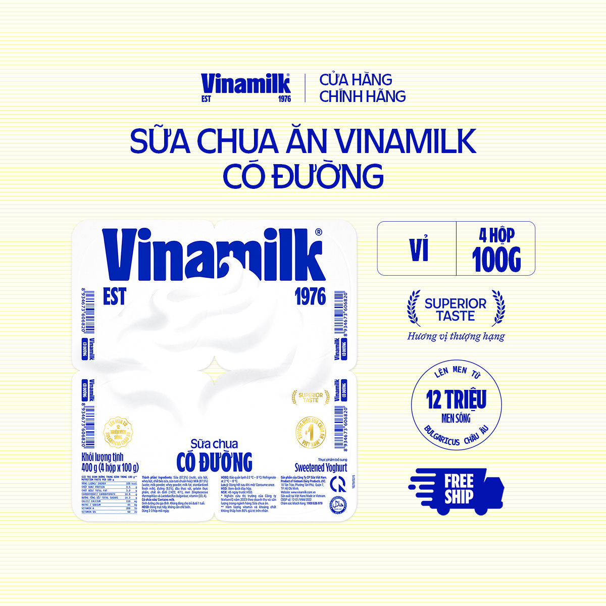 4 Vỉ Sữa chua ăn Vinamilk có đường 100g Yaourt 4 hộp/vỉ