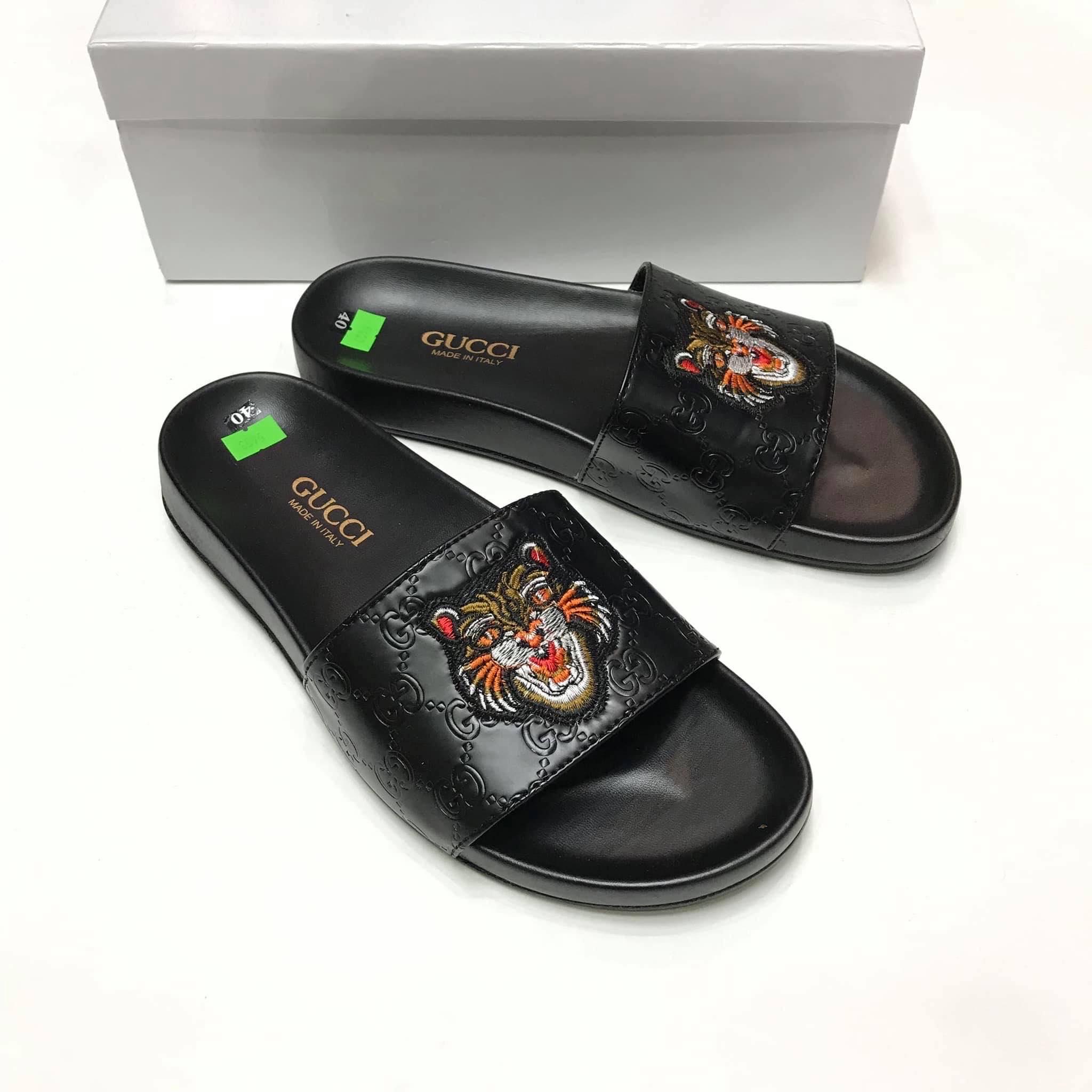 Dép lê da thêu hổ mèo nam