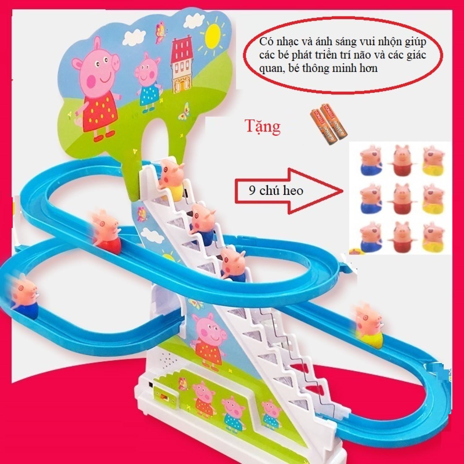 Bộ đồ chơi heo peppa leo cầu thang có nhạc , đèn, heo leo cầu trượt ngộ nghĩnh, đồ chơi cho bé bộ 9 heo