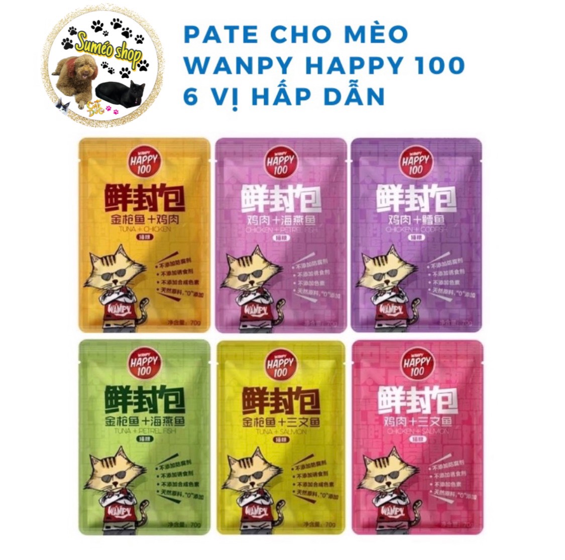 Pate WANPY HAPPY 100 Cho MÈO Gói 70g Đủ Vị Hấp Dẫn