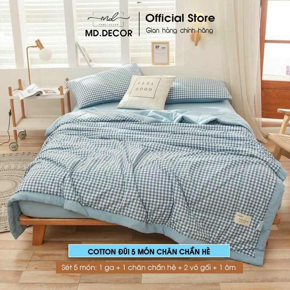 Bộ Chăn Ga Gối Cotton Đũi MD.Decor - Bedding set 5 món caro, màu kẻ drap bọc nệm nhiều kích thước ra giường M2 M4 M6 M8