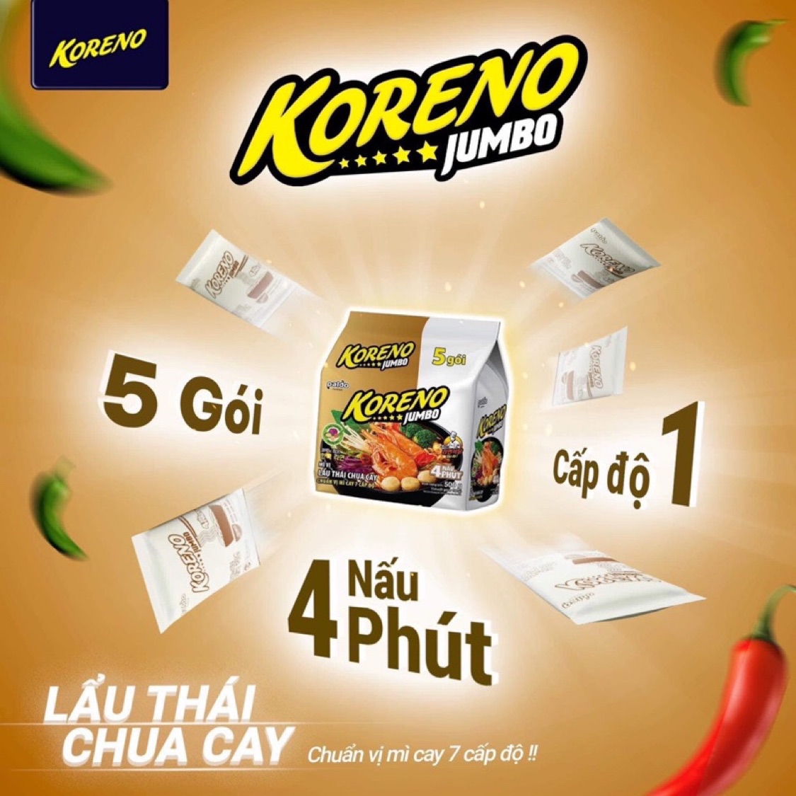 Combo Lốc 5 gói mì Koreno, 74gr/gói. lẩu Thái hương vị chua cay mới, jumbo gà, kim chi, bò cay, jumbo bò cay