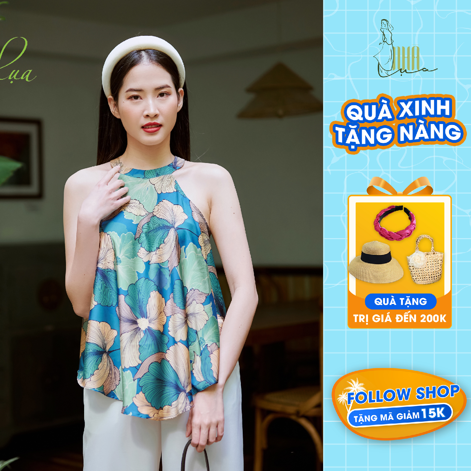 Áo yếm lụa Latin mặc đi du lịch mùa hè - Sét Áo Yếm Lụa Lá Xanh quyến rũ, quần lụa ống suông đi biển Nhà Lụa YL009