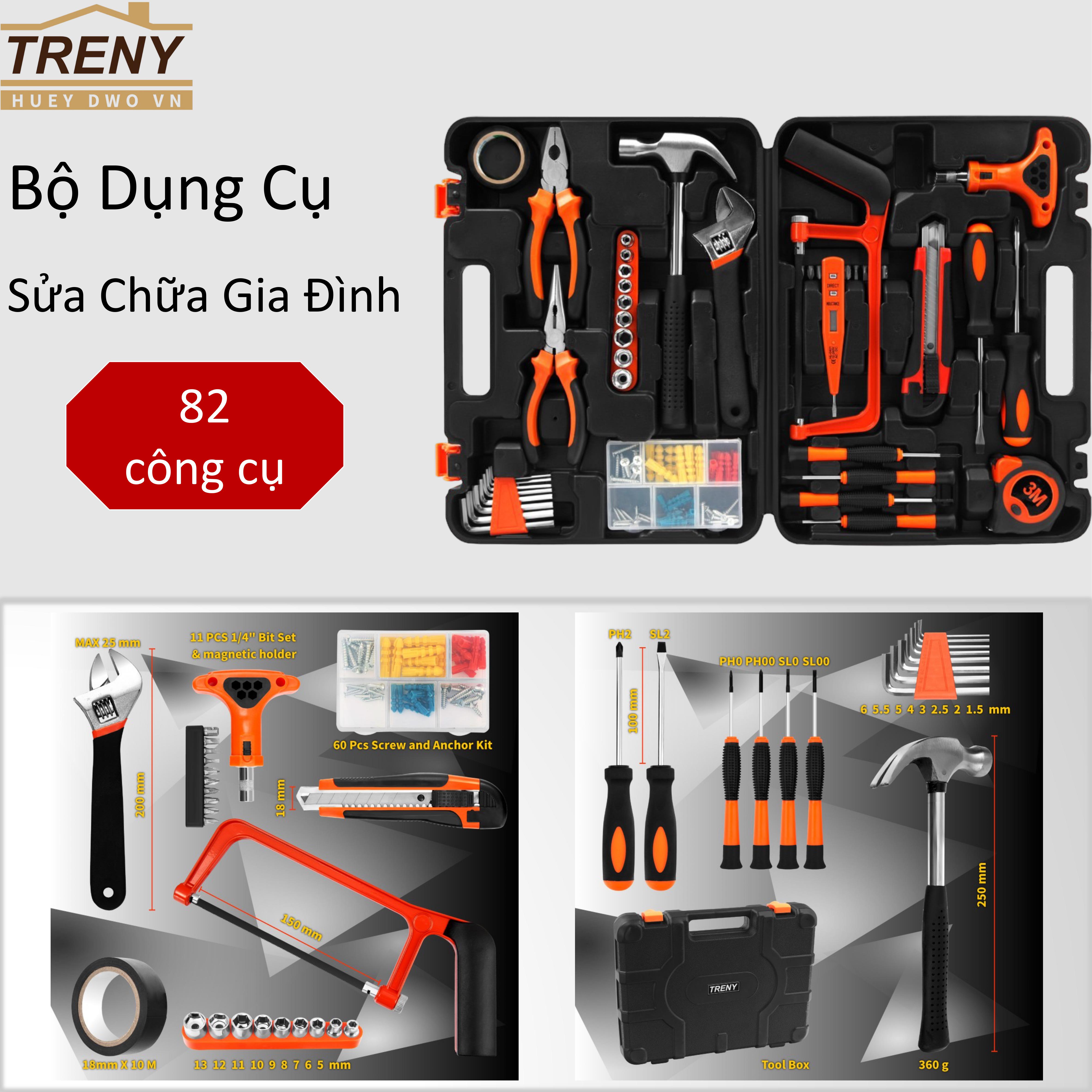 Bộ dụng cụ sửa chữa đa năng gồm 82 món, đầy đủ các dụng cụ chuyên dụng dùng cho sửa chữa gia đình và công ty