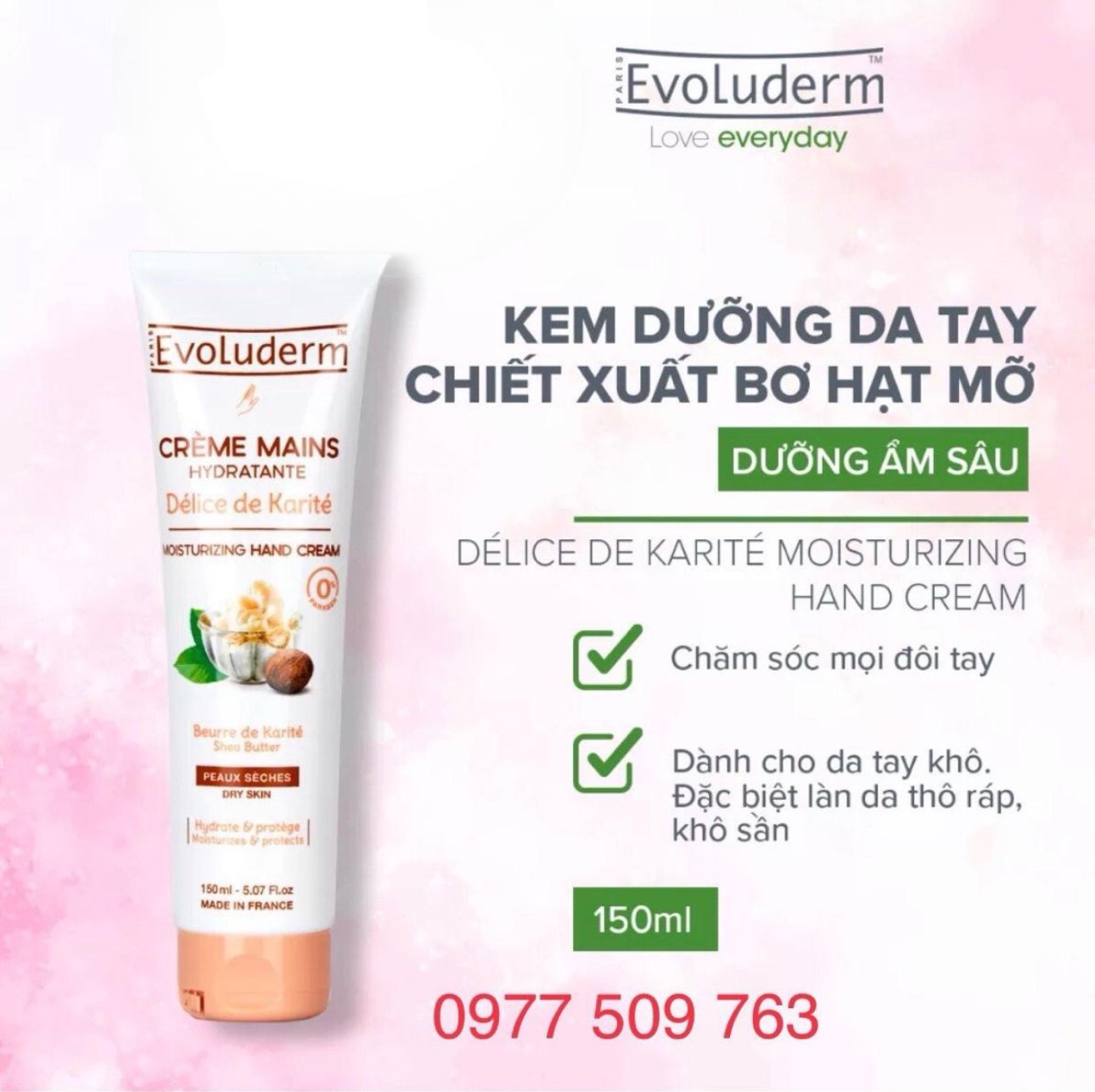 Kem Dưỡng Da Tay Evoluderm Mềm Mịn Cấp Ẩm Chiết Xuất Từ Bơ Hạt Mỡ Karite 150ml