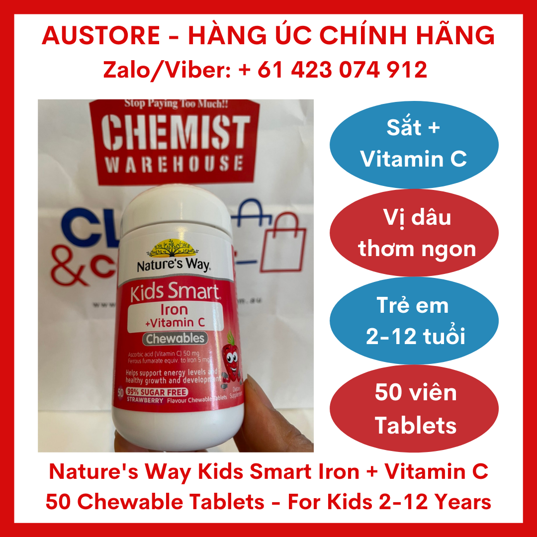 [Bill Úc, Date mới] Kẹo Nature Way Kid Smart vị dâu bổ sung sắt + Vitamin C giúp hỗ trợ mức năng lượng & phát triển khỏe mạnh - Nature's Way Kids Smart Iron + Vitamin C 50 Chewable Tablets (for Children 2-12 years)  cho trẻ từ 2-12