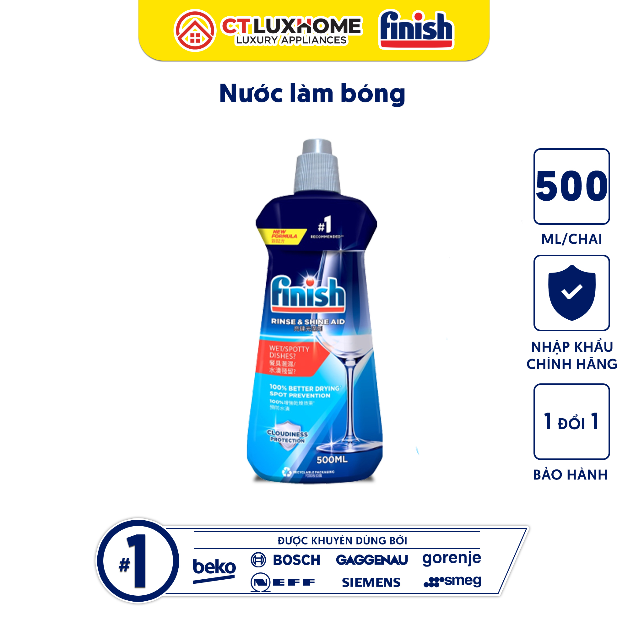 Nước làm bóng Finish 500ml dùng cho máy rửa chén bát - Hàng chính hãng