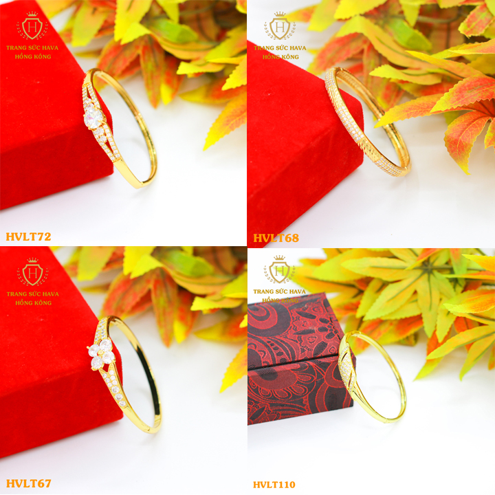 Lắc Tay Nữ, Vòng Tay Cứng Mặt Đính Đá Màu Trắng Titan Xi Mạ Vàng Non 10k, 18k, 24k Thật Cao Cấp - Trang Sức Hava Hong Kong