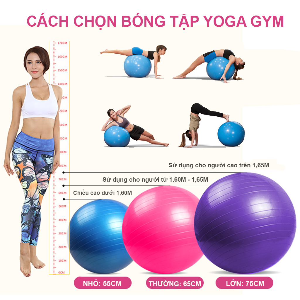 Bóng Tập Yoga Cỡ 55cm, 65cm, 75cm Cao Cấp, Bóng Yoga Tròn - Loại Dày Độ Đàn Hồi Tốt, Bóng Yoga Chống Trượt Hiệu Quả, Chắc Chắn, Bền, Đẹp