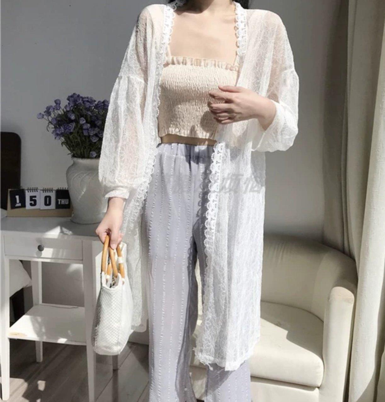 Áo khoác ren dài viền ren đi biển cao cấp kimono