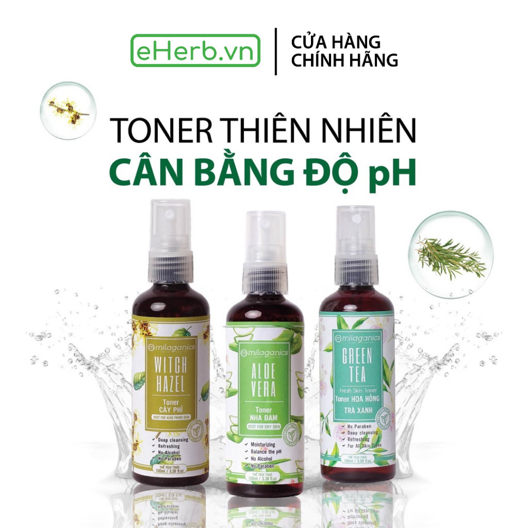 Nước Hoa Hồng Thiên Nhiên Cấp Ẩm Dịu Nhẹ Cho Da MILAGANICS Toner Tràm Trà Cây phỉ Nha Đam Hoa Hồng Cân Bằng Độ pH 100ml (Chai) - eHerb