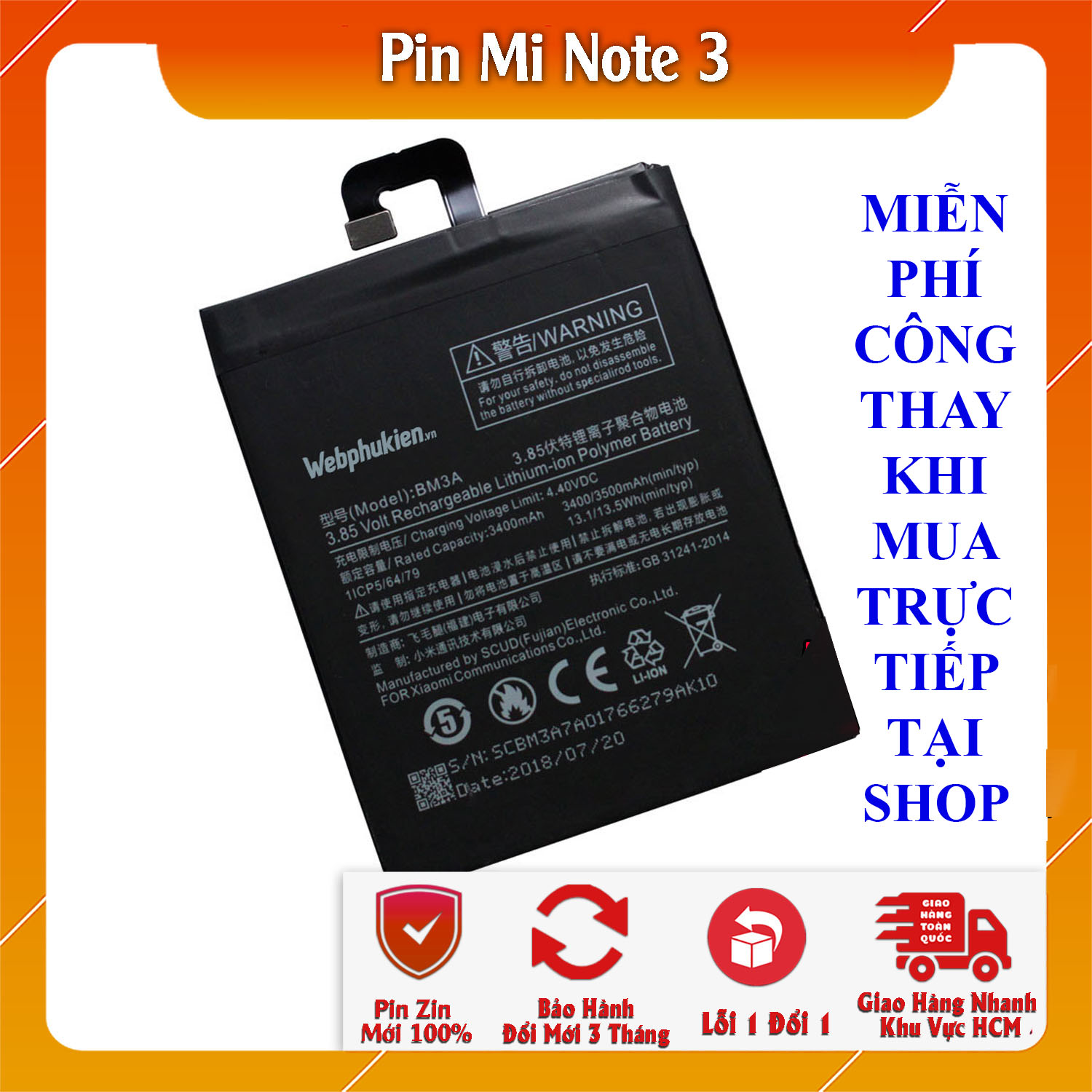 Pin webphukien cho xiaomi mi note 3 bm3a 3500mah