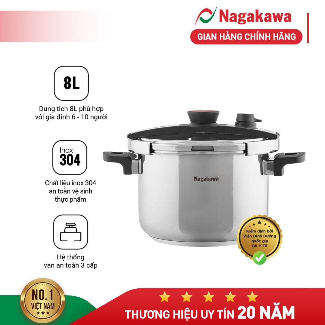 Nồi áp suất Nagakawa NAG1481, dung tích 8L, đáy từ dùng được cho mọi loại bếp, lòng nồi inox 304 có vạch chia định lượng, van kép 3 cấp an toàn
