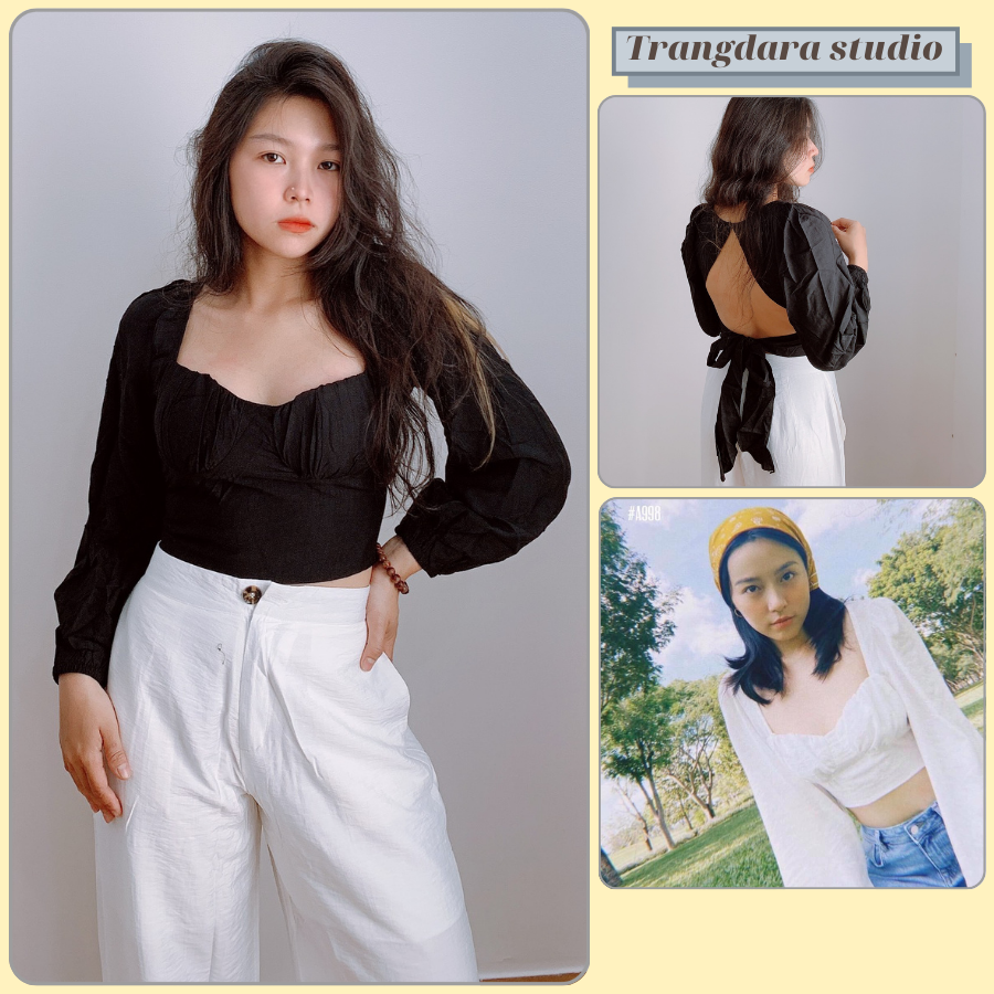 Áo croptop nữ cúp cột nơ cut out lưng chất liệu linen màu đen trắng