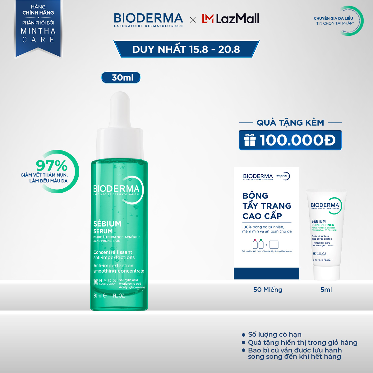 Tinh chất sáng mịn, mờ thâm Bioderma Sébium Serum cải thiện toàn diện da dầu mụn - 30ml