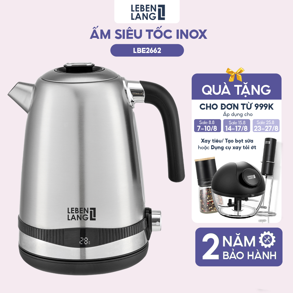 [Duy nhất 23.08 - Voucher 15% ĐƠN TỪ 149k MAX 250K] Ấm siêu tốc LEBENLANG LBE2662 vỏ inox 304, thể tích 1.7 lít, điều chỉnh nhiệt độ đun, bảo hành đổi trả trong 2 năm - hàng chính hãng