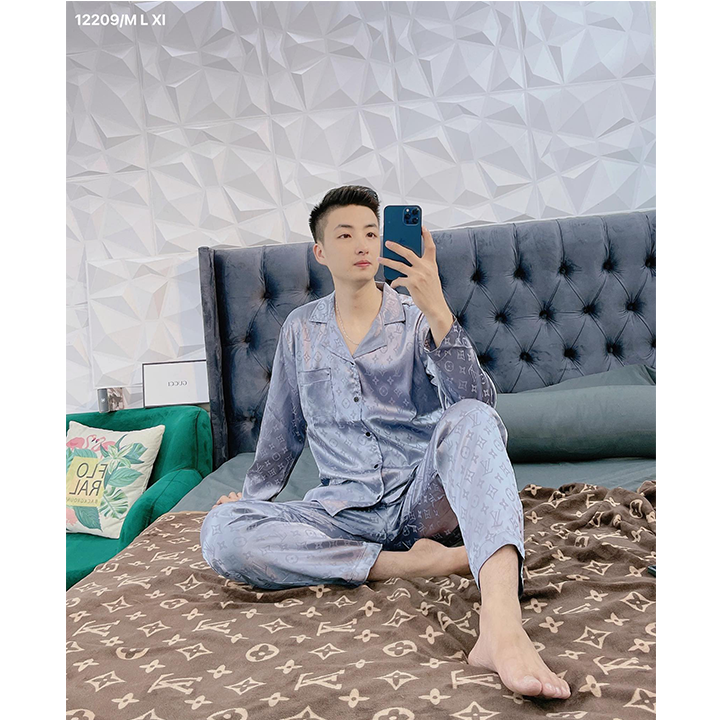 Bộ pyjama lụa dài tay phù hợp cả nam và nữ, bộ đồ ngủ dài tay chất lụa gấm cao cấp