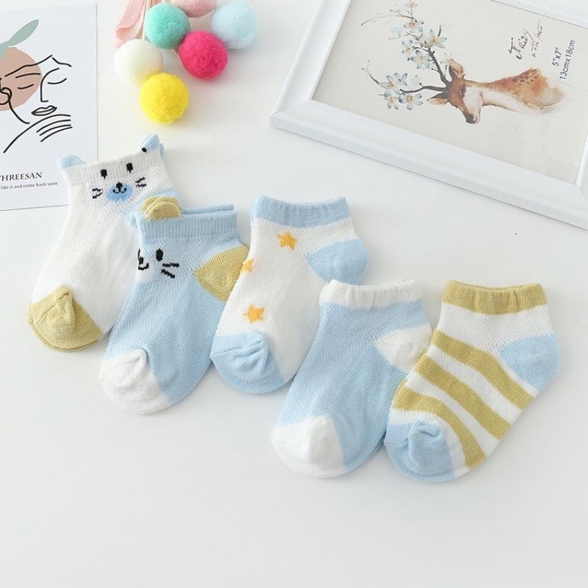Túi 5 đôi tất lưới cho bé sơ sinh mềm mại vớ trẻ em nằm điều hòa ấm thoáng khí đủ size từ 0 - 3 tuổi TL01