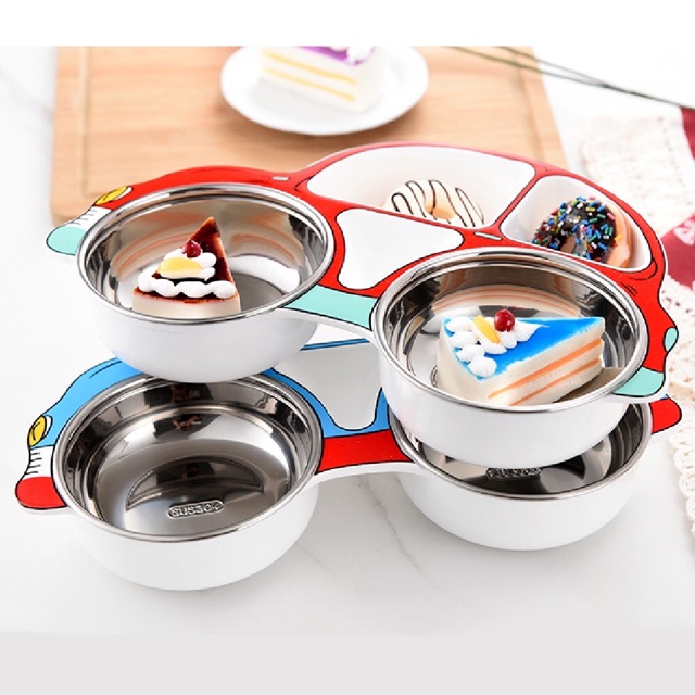 Khay ăn dặm chia ngăn cho bé Inox hình ô tô Royalcare 0805 - Set 3 món: khay ăn chia ngăng - Thìa tập xúc - Dĩa tập ăn