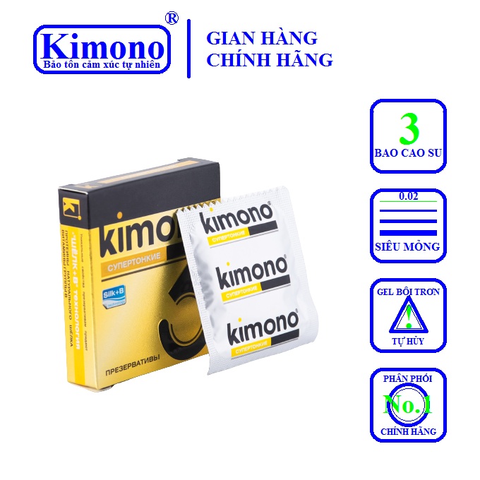 [HCM]Bao cao su Kimono 0.02 Vàng 3 bao / hộp - Siêu Mỏng Vô Hình