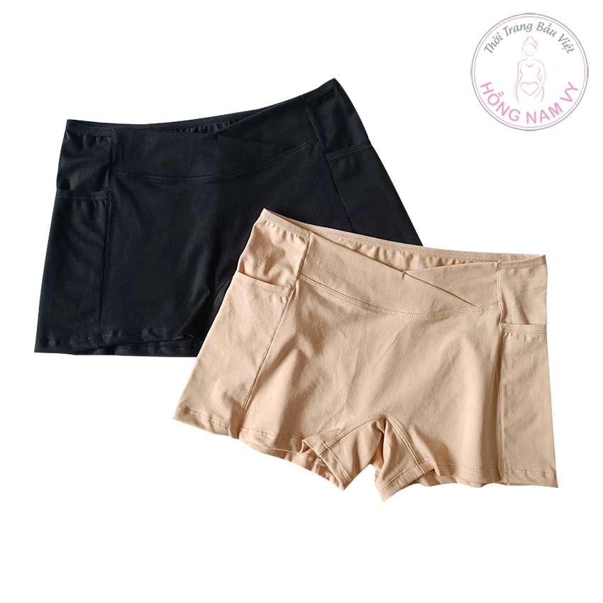 Quần đùi mặc váy bầu cạp chéo có túi cotton mịn đẹp